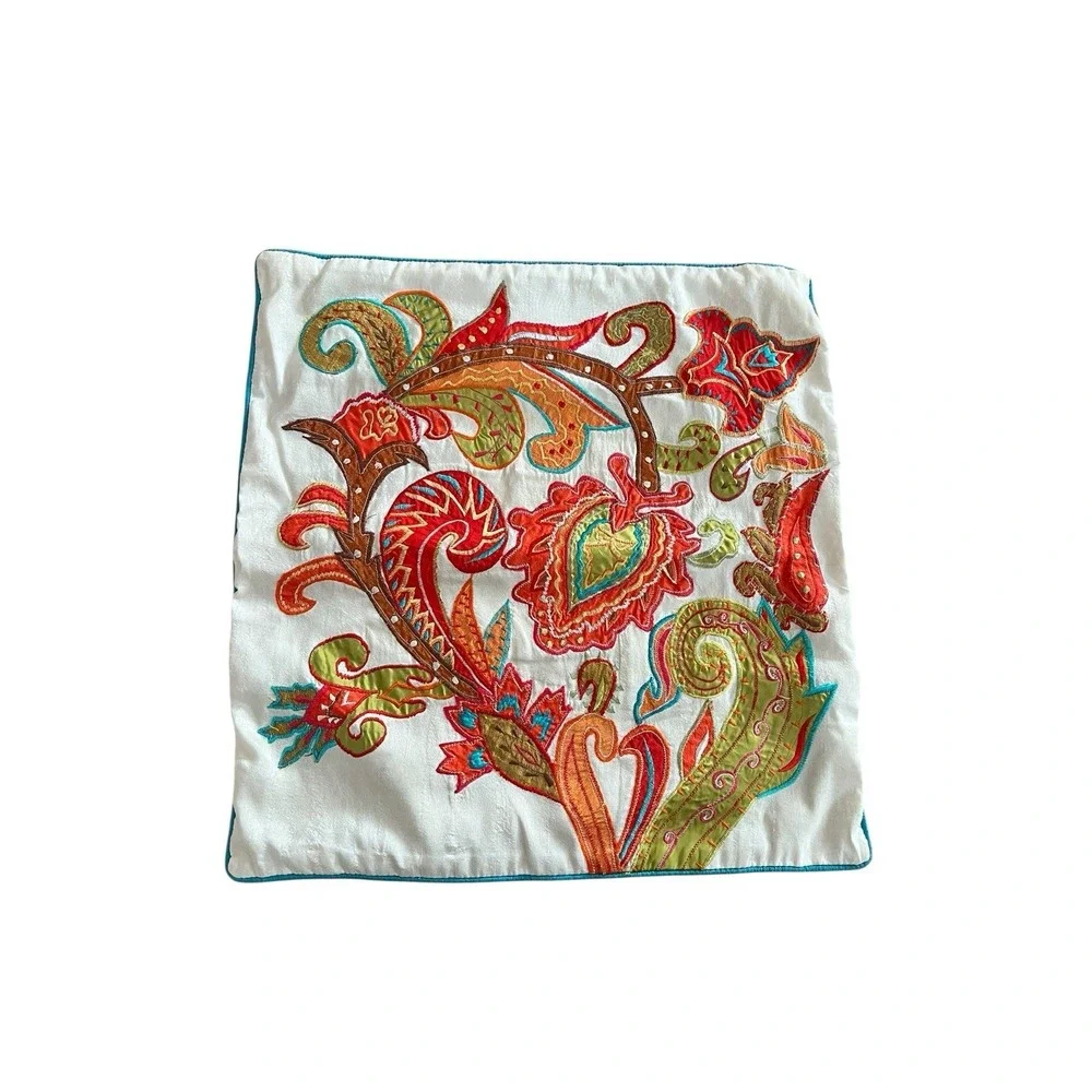 A JOURNEY TO INDIA Pillow Sham Applique Scroll Floral Paisley Red‎ Green Orange